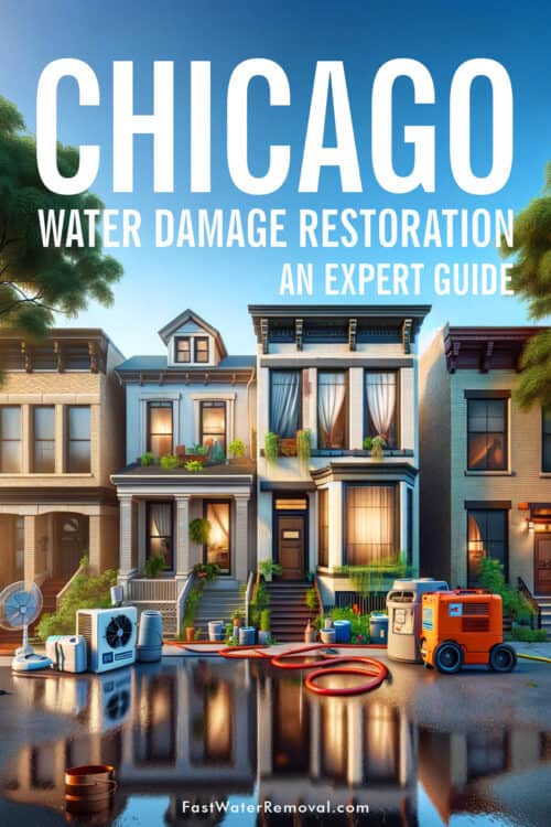 This image shows a two-story townhouse in a Chicago neighborhood with water damage.Restoration equipment like a portable dehumidifier and industrial fans are in front of the house.