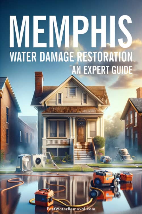 An image depicting water damage in a typical residential Memphis, Tennessee neighborhood. The scene include visible signs of water damage, like water stains and damp walls, on a house. Restoration equipment is in front of the house, such as a dehumidifies and fans.