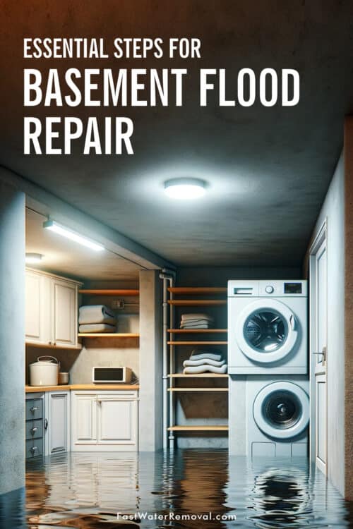 An image of a basement facing flooding issues. There is a washing machine and dryer that are partially submerged, showing the extent of the flooding.