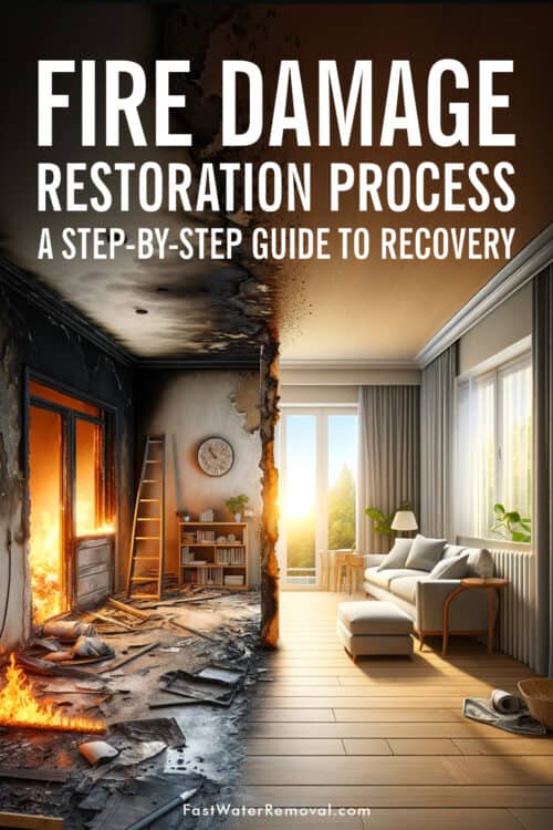 An image showing fire and water damage and restoration in a home. On one side, the room shows visible fire damage, like charred walls and burned furniture as well as signs of water damage from fire fighting efforts like wet floors and soaked furnishings. On the other side, the same room is shown post-restoration, with clean, repaired walls, new furniture. The image has the title, Fire Damage Restoration Process: A Step-by-Step Guide to Recovery.