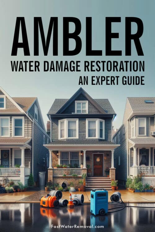 An image depicting a typical residential neighborhood in Ambler, PA. The focus is on a typical Ambler-style house with visible signs of water damage, such as discoloration or dampness on the exterior. Water damage restoration is in process, with a portable dehumidifier and a few industrial fans placed near the front of the house for drying efforts. The graphic states, Ambler Water Damage Restoration An Expert Guide.