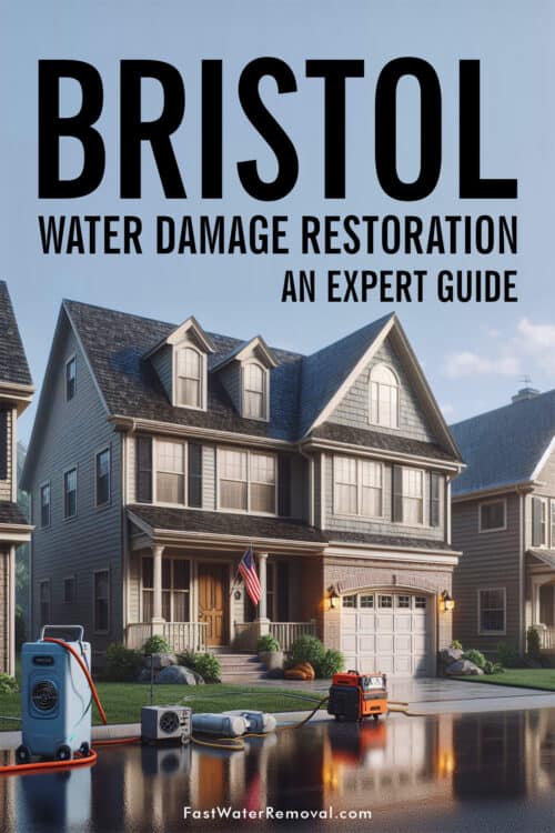 An image depicting a typical residential neighborhood in Bristol, PA. The focus is on a typical Bristol-style house with visible signs of water damage, such as discoloration or dampness on the exterior. Water damage restoration is in process, with a portable dehumidifier and a few industrial fans placed near the front of the house for drying efforts. The graphic states, Bristol Water Damage Restoration An Expert Guide.