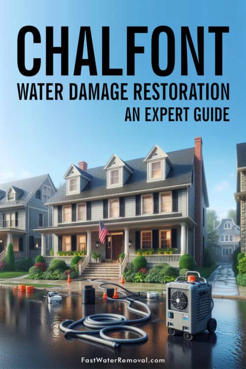 An image depicting a typical residential neighborhood in Chalfont, PA. The focus is on a typical Chalfont-style house with visible signs of water damage, such as discoloration or dampness on the exterior. Water damage restoration is in process, with a portable dehumidifier and a few industrial fans placed near the front of the house for drying efforts. The graphic states, Chalfont Water Damage Restoration An Expert Guide.