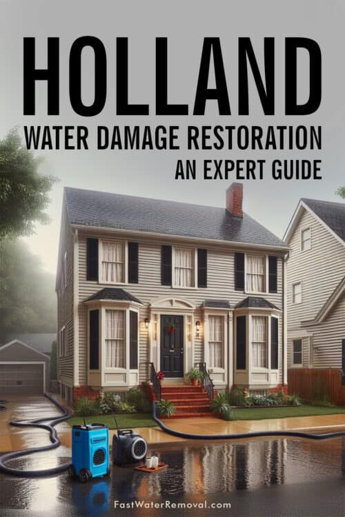 An image depicting a typical residential neighborhood in Holland, PA. The focus is on a typical Holland-style house with visible signs of water damage, such as discoloration or dampness on the exterior. Water damage restoration is in process, with a portable dehumidifier and a few industrial fans placed near the front of the house for drying efforts. The graphic states, Holland Water Damage Restoration An Expert Guide.