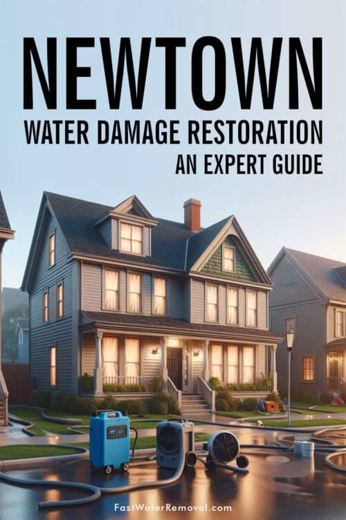 An image depicting a typical residential neighborhood in Newtown, PA. The focus is on a typical Newtown-style house with visible signs of water damage, such as discoloration or dampness on the exterior. Water damage restoration is in process, with a portable dehumidifier and a few industrial fans placed near the front of the house for drying efforts. The graphic states, Newtown Water Damage Restoration An Expert Guide.
