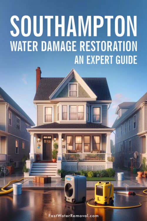 An image depicting a typical residential neighborhood in Southampton, PA. The focus is on a typical Southampton-style house with visible signs of water damage, such as discoloration or dampness on the exterior. Water damage restoration is in process, with a portable dehumidifier and a few industrial fans placed near the front of the house for drying efforts. The graphic states, Southampton Water Damage Restoration An Expert Guide.
