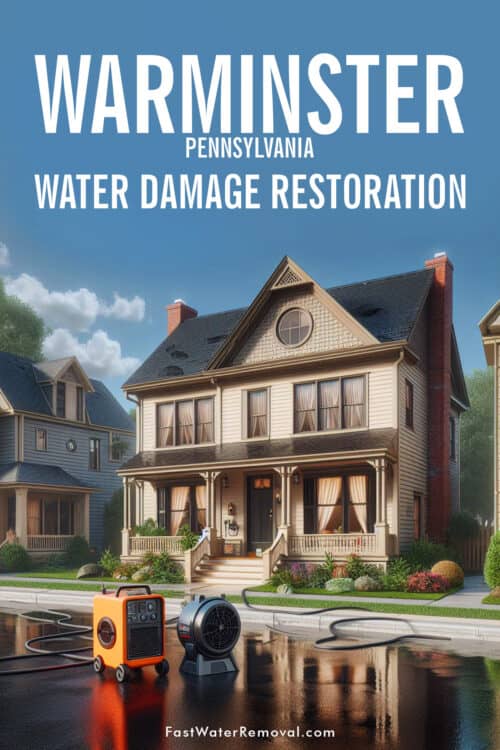 An image depicting a typical residential neighborhood in Warminster, PA. The focus is on a typical Warminster-style house with visible signs of water damage, such as discoloration or dampness on the exterior. Water damage restoration is in process, with a portable dehumidifier and a few industrial fans placed near the front of the house for drying efforts. The graphic states, Warminster, Pennsylvania Water Damage Restoration.