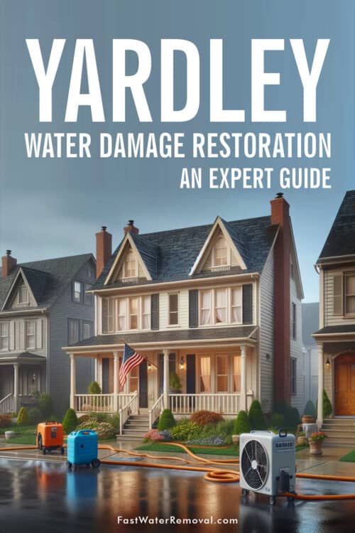 An image depicting a typical residential neighborhood in Yardley, PA. The focus is on a typical Yardley-style house with visible signs of water damage, such as discoloration or dampness on the exterior. Water damage restoration is in process, with a portable dehumidifier and a few industrial fans placed near the front of the house for drying efforts. The graphic states, Yardley Water Damage Restoration An Expert Guide.