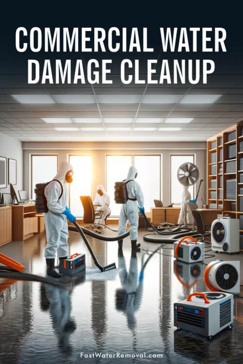 An image representing commercial water damage cleanup. A team of experts in protective gear are using advanced equipment to extract water and dry a flooded office space. Visible in the background are commercial dehumidifiers and air movers strategically placed around the room. The image has the title, Commercial Water Damage Cleanup.