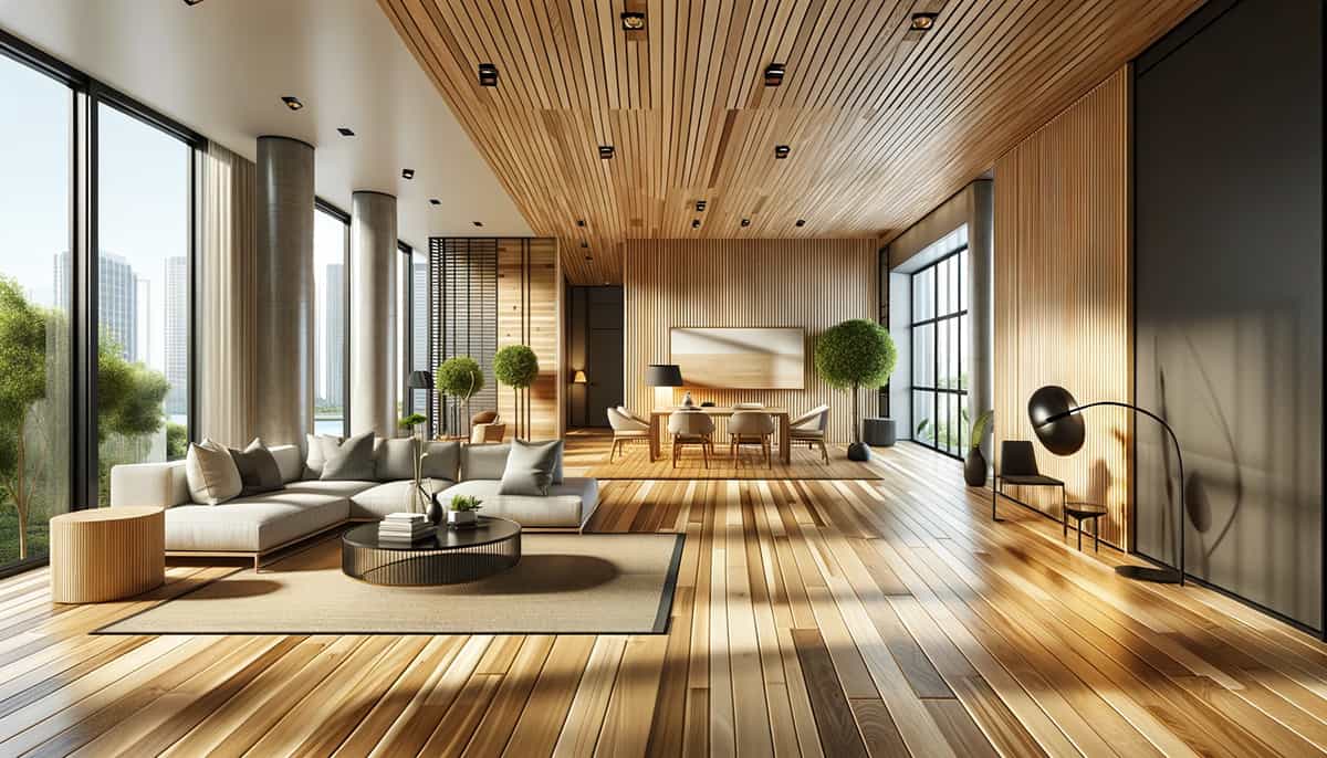 A sleek, contemporary home interior featuring minimalist design and expansive windows that flood the space with sunlight, highlighting the water-resistant bamboo flooring. The modern furniture enhances the bamboo's eco-friendly charm.