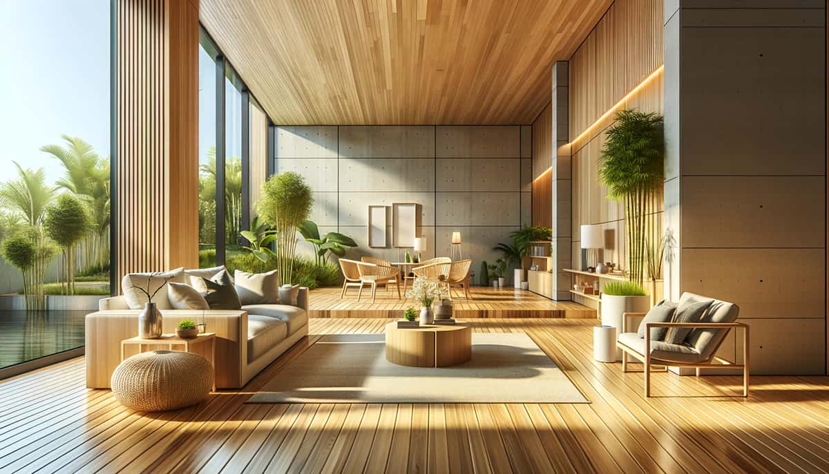 This image captures a modern living space with stark lines, minimalist decoration, and oversized windows inviting copious natural light, which accentuates the bamboo floors' natural resistance to water and complements the stylish furniture.