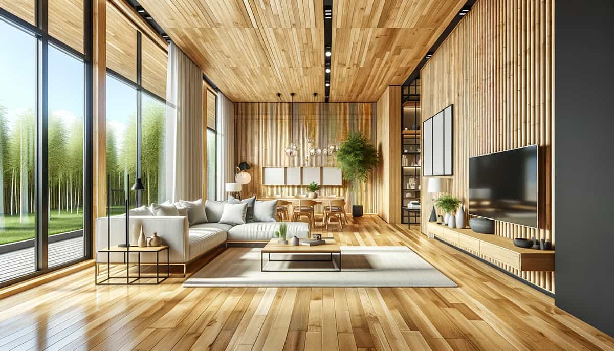 Showcasing a modern dwelling's interior, where simplicity and large windows create a light-filled room, emphasizing the bamboo flooring's durability against water. The contemporary furnishings harmonize with the floor's eco-conscious appeal.