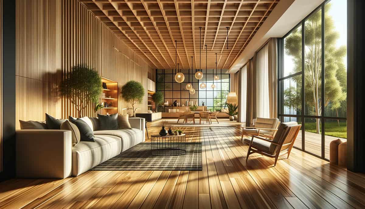 A photograph of a contemporary home emphasizing clean architectural lines and minimal decor. The room's large windows ensure a bright ambiance, spotlighting the water-resistant bamboo flooring paired with modern, eco-compatible furniture.