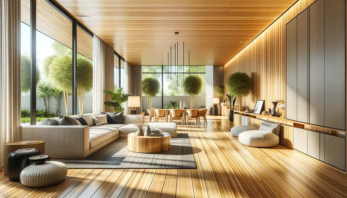 Inside this modern habitat, minimalistic decor and vast windows merge to illuminate the water-resistant qualities of bamboo flooring. The space is furnished with modern pieces that echo the floor's sustainable ethos.