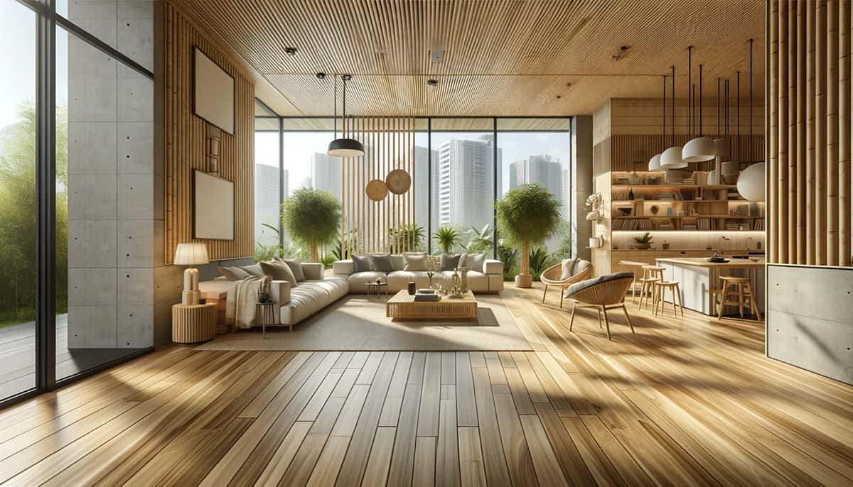The image presents a modern residence with a focus on linear design and unadorned elegance, where ample windows bathe the room and its water-resistant bamboo floors in natural light, complemented by contemporary, eco-friendly furniture.