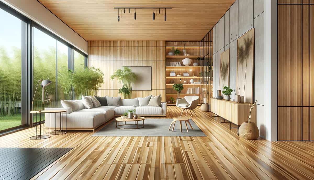 A vision of modern living, this interior highlights simplicity, broad windows for maximum sunlight, and bamboo flooring known for its natural water resistance, all tied together with stylish, contemporary furniture that respects the eco-aesthetic.
