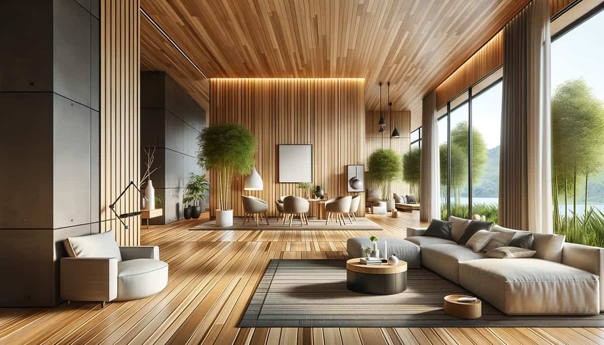 This modern home's interior showcases the allure of minimalist design, with large windows that allow natural light to showcase the bamboo flooring's innate resistance to water, alongside modern furnishings that enhance the green lifestyle.