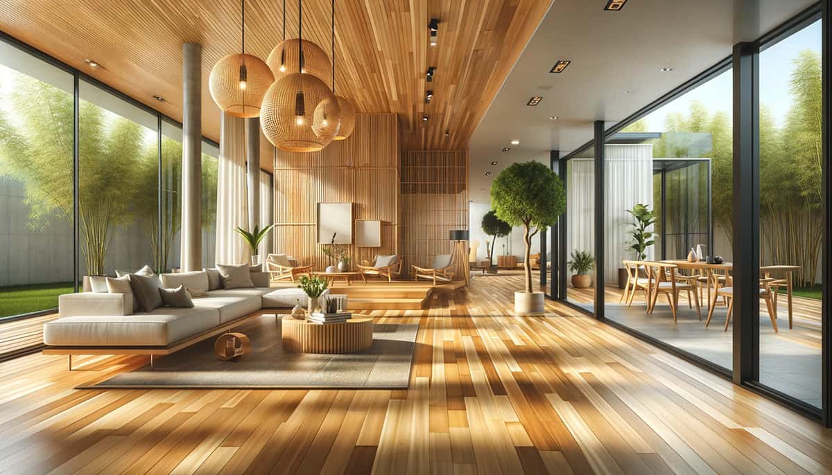 Featuring a modernly designed space with clean lines and minimalistic flair, the room's large windows cast a spotlight on the bamboo floors' water-resistant properties, perfectly accented by chic, contemporary furniture.