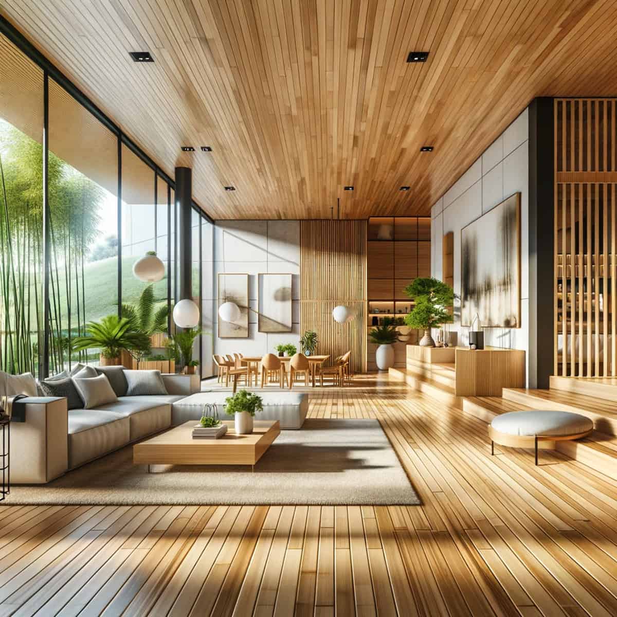 A snapshot of a modern interior defined by its minimalist decor and generous windows, which highlight the functional beauty of water-resistant bamboo flooring. The space is thoughtfully furnished with contemporary pieces that align with the bamboo's eco-friendly qualities.