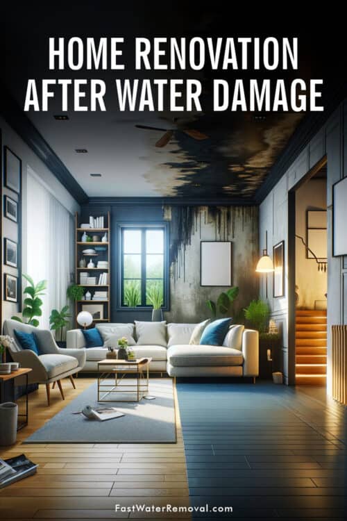 An image of a living room in a home undergoing transformation after water damage. The image is shows the transition from damaged to renovated, featuring a half-restored living room where one side shows signs of water damage (darkened walls, damaged flooring) and the other side shows a beautifully renovated space with modern, sustainable features typical of current trends. The image has the title, Home Renovation After Water Damage.