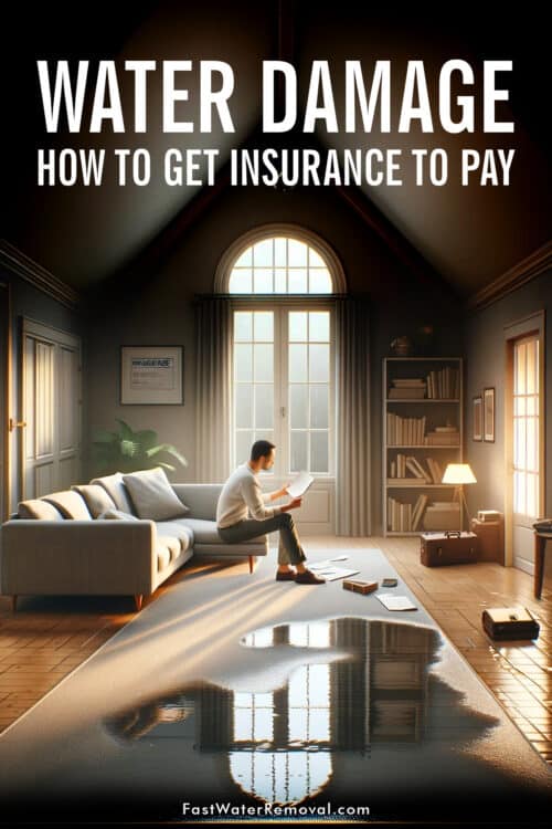 An image about insurance claims for water damage showing a living room with signs of a wet carpet and damp furniture. A man in the scene is looking over an insurance policy, emphasizing the importance of understanding the details of insurance coverage for water damage. The image has the title, Water Damage: How to Get Insurance to Pay.