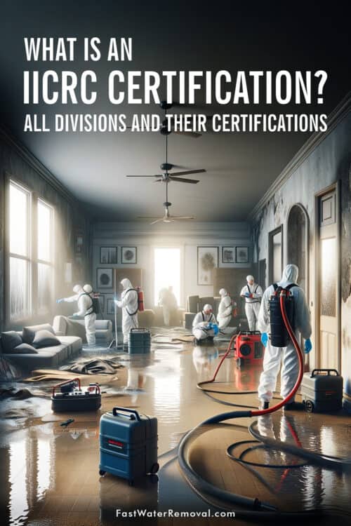 An image of a team of IICRC Certified professionals involved in the cleaning, restoration, and inspection of a water damaged property after a flood disaster. The team is wearing safety gear and using restoration equipment such as dehumidifiers and water extractors. The image has the title, What is an IICRC Certification? All Divisions and Their Certifications.