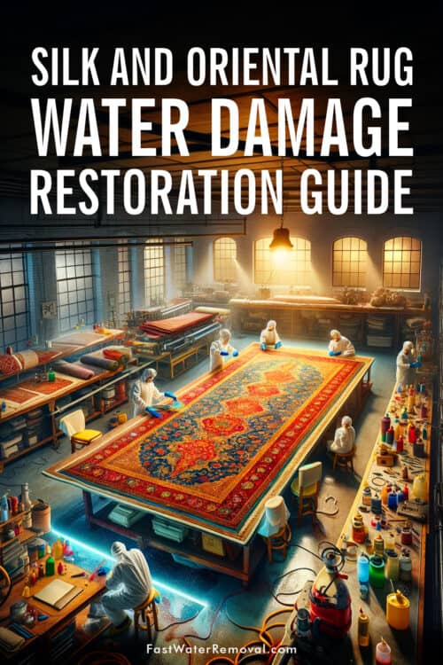 An image depicting the meticulous process of restoring a water-damaged silk oriental rug, set in a well-equipped, professional restoration workshop. A vibrant, intricately patterned silk oriental rug laid out on a large, flat worktable under bright, focused lighting. The rug shows signs of water damage such as color bleeding and slight distortions and is being attended to by skilled restorers wearing protective gloves, engaged in various stages of the restoration process. One artisan is carefully applying a custom-mixed dye to correct color fades, another is using a fine tool to reweave damaged areas, and a third is inspecting the rug's fringe for necessary repairs. Alongside the table, advanced equipment for water extraction, like powerful vacuums and pumps, is ready for use. The workshop is organized with shelves containing a variety of cleaning solutions, dyes, and tools for mold and mildew remediation. In the background, a dehumidifier and air movers work to control the humidity, ensuring an optimal environment for the rug's recovery. The image has the title, Silk and Oriental Rug Water Damage Restoration Guide.