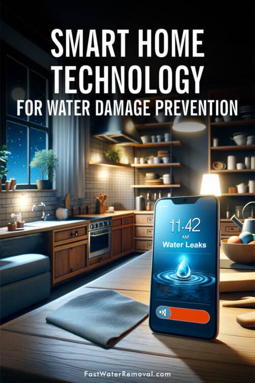 An image showing a modern kitchen at night highlighting smart home technology for water damage prevention. There is a smartphone on the kitchen counter displaying a water leak alert, with the notification time. The image has the title, Harnessing Smart Home Technology for Water Damage Prevention.