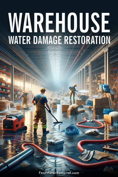 An image of water damage inside a warehouse. The scene shows water-covered floors and damaged goods. A team of professional restoration workers are actively engaged in cleanup and repair tasks, using advanced tools such as water pumps, dehumidifiers, and air movers. The image has the title, Warehouse Water Damage Restoration.
